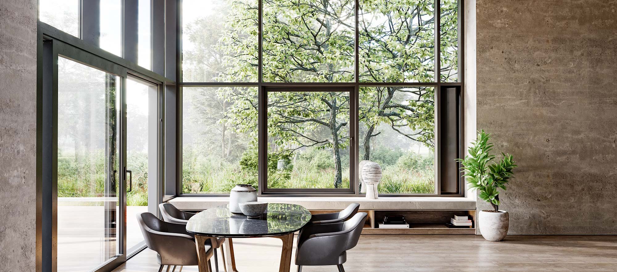 Aluminiumfenster in schönem, modernem Wohnhaus mit Sicht in den Garten.